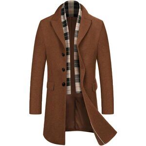 Men's Brown Trench Overcoat Wool Blend Coat with Detachable Single Breasted
